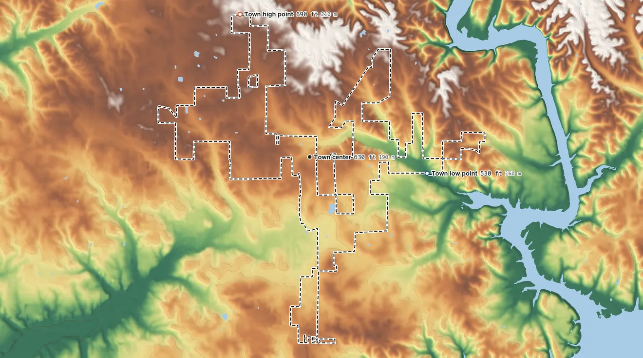 Topographic elevation map of St. Florian, Alabama, shaded from 530 ft on the east side to 690 ft on the northwest side