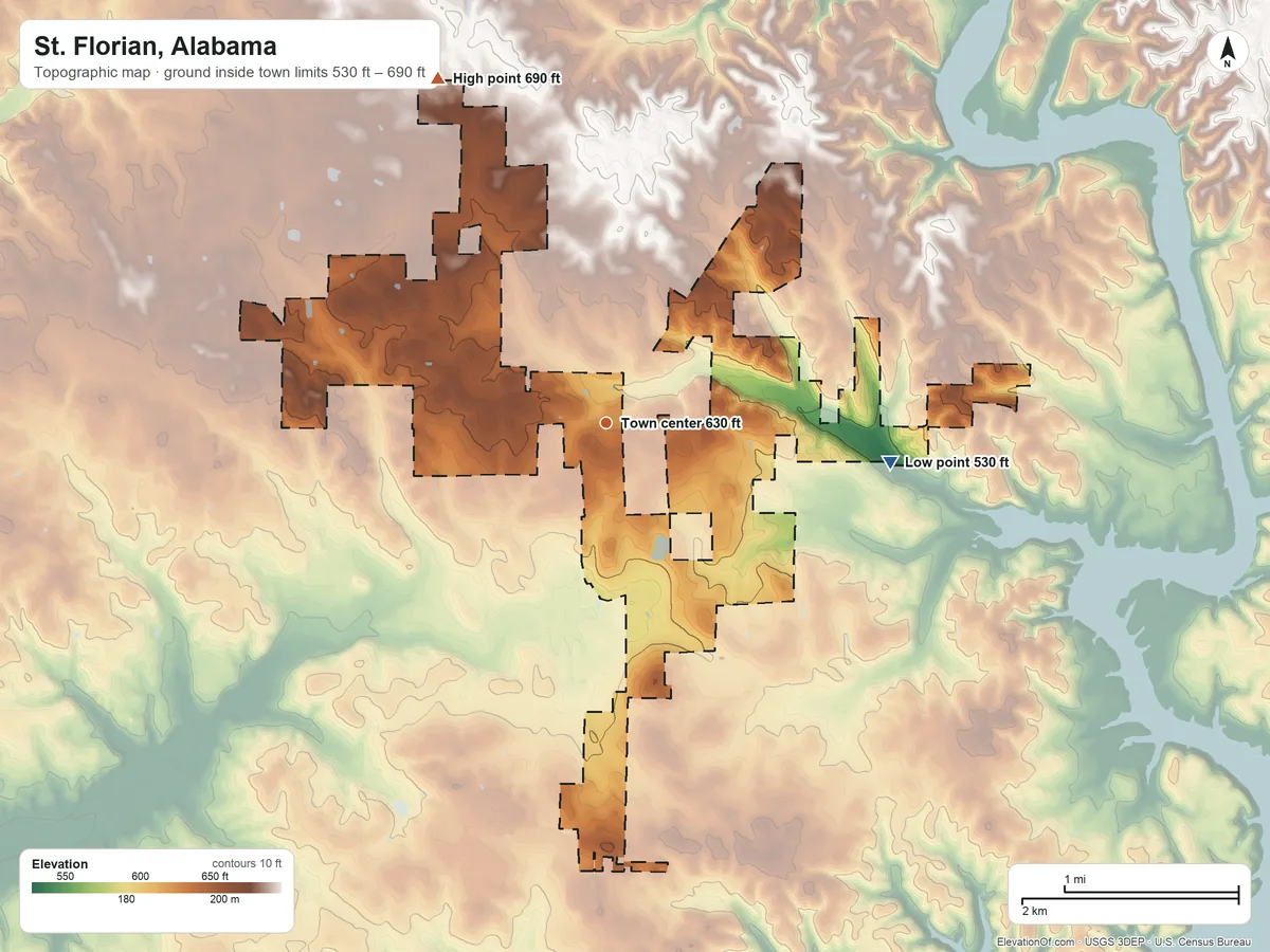 Topographic elevation map of St. Florian, Alabama, shaded from 530 ft on the east side to 690 ft on the northwest side