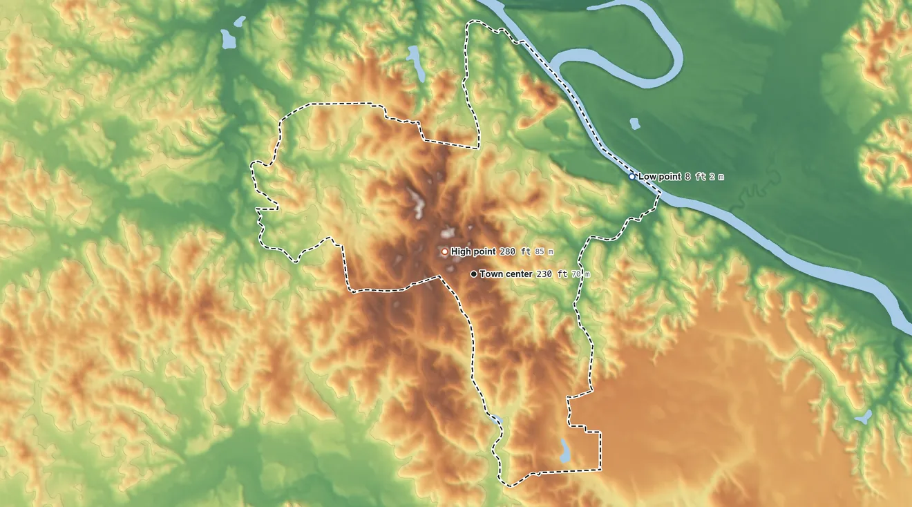 Topographic elevation map of St. Stephens, Alabama, shaded from 8 ft on the northeast side to 280 ft near the middle