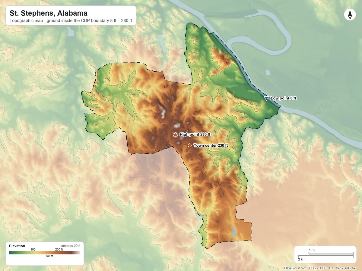 Topographic elevation map of St. Stephens, Alabama, shaded from 8 ft on the northeast side to 280 ft near the middle