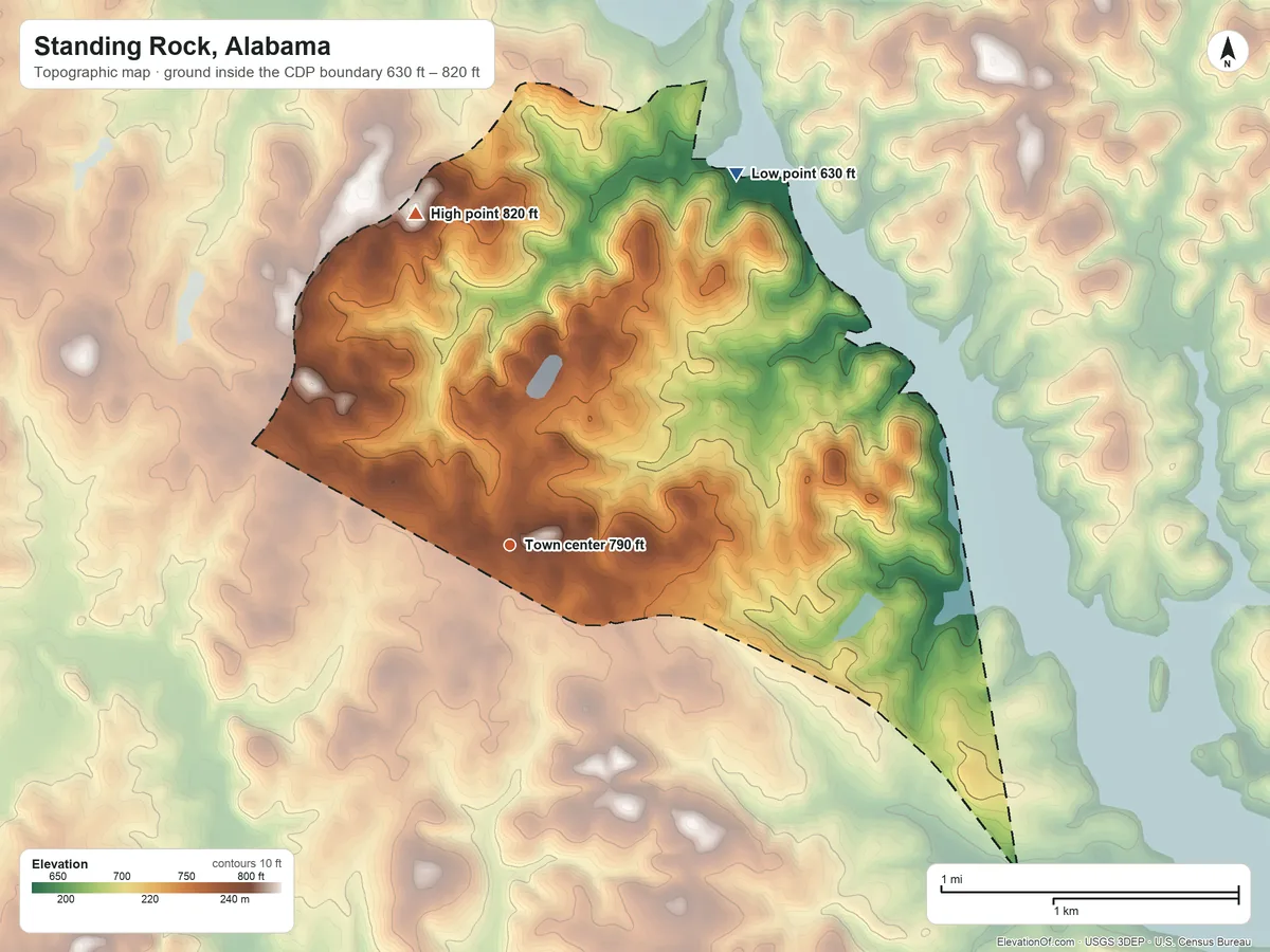 Topographic elevation map of Standing Rock, Alabama, shaded from 630 ft on the northeast side to 820 ft on the north side