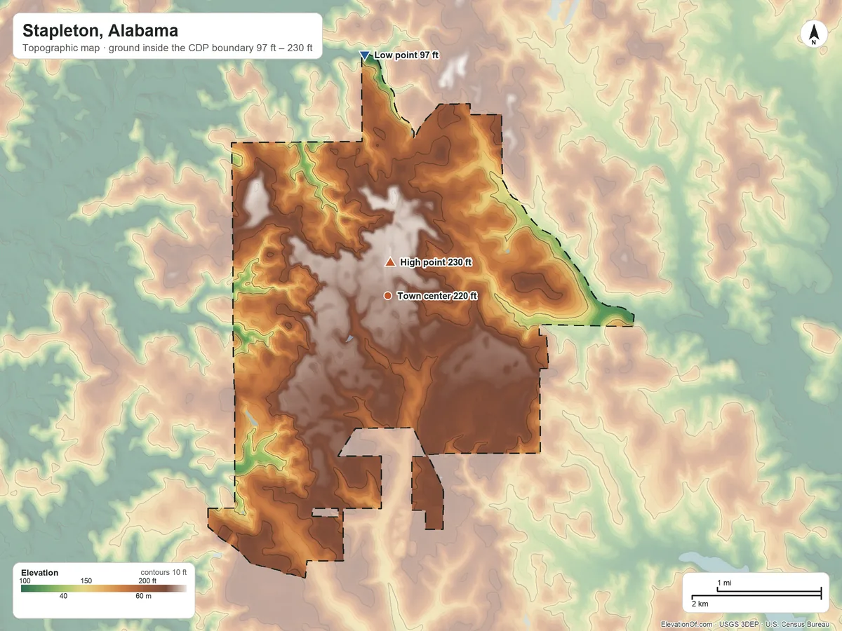 Topographic elevation map of Stapleton, Alabama, shaded from 97 ft on the north side to 230 ft near the middle
