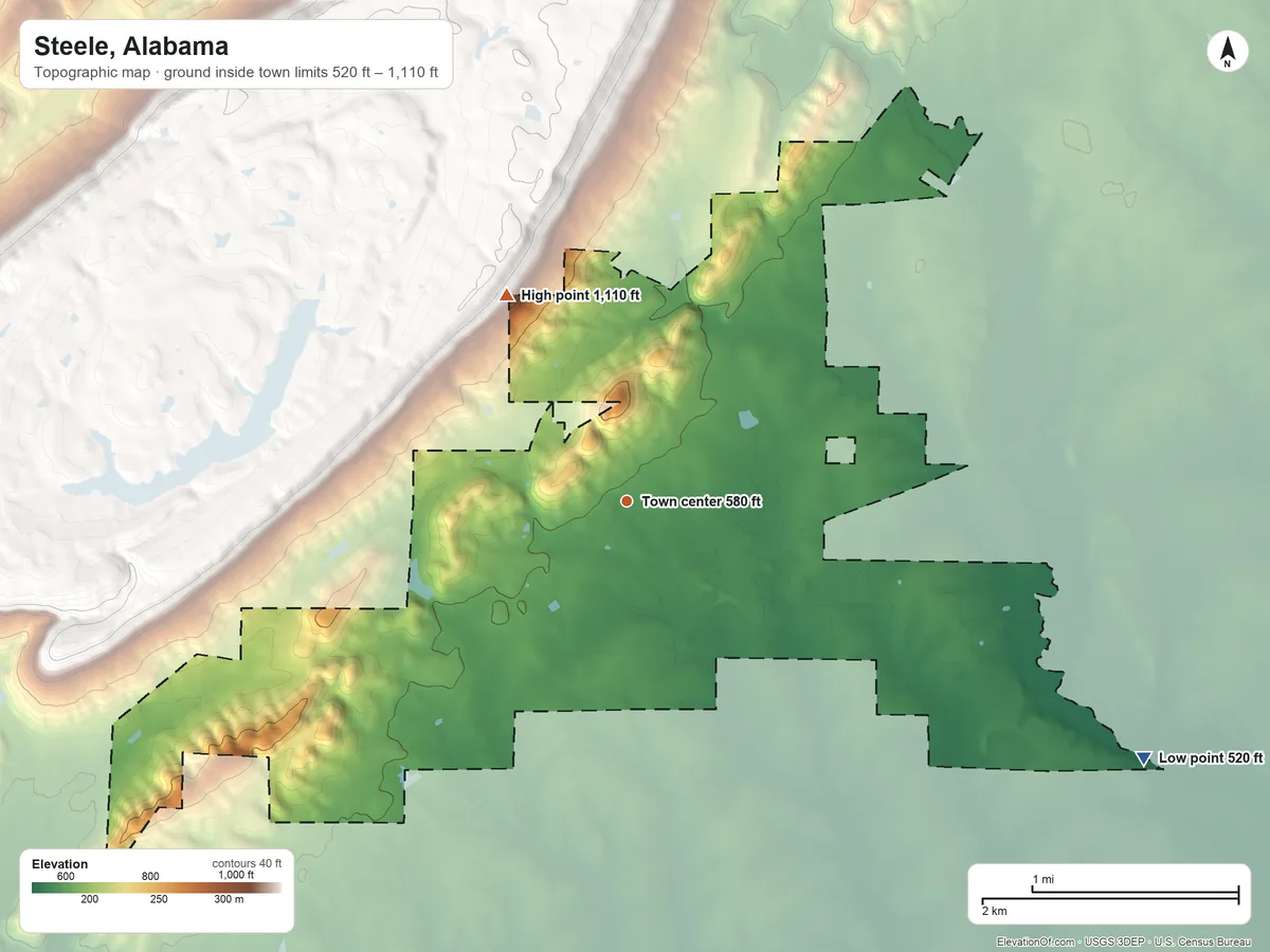Topographic elevation map of Steele, Alabama, shaded from 520 ft on the southeast side to 1,110 ft at the foot of the Beaver Creek Mountains