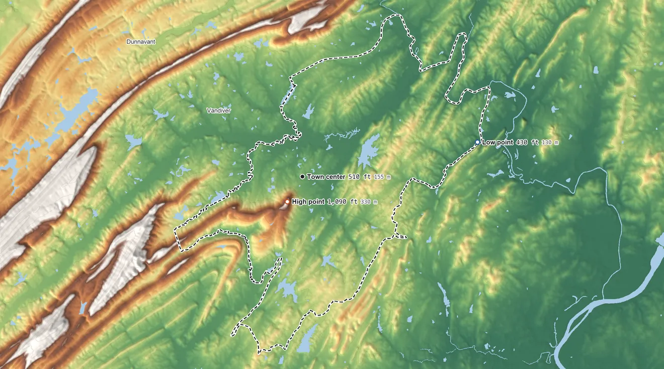 Topographic elevation map of Sterrett, Alabama, shaded from 430 ft on the east side to 1,090 ft on Tater Hill