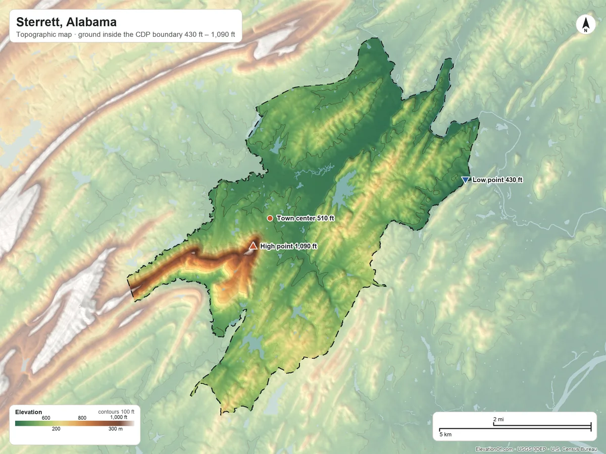 Topographic elevation map of Sterrett, Alabama, shaded from 430 ft on the east side to 1,090 ft on Tater Hill