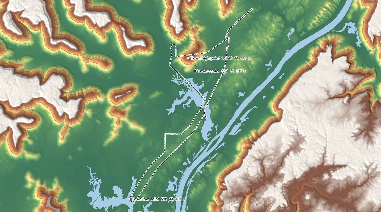 Topographic elevation map of Stevenson, Alabama, shaded from 590 ft on the southwest side to 1,440 ft near the middle