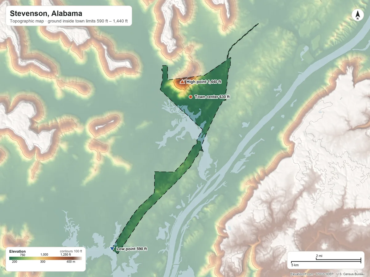 Topographic elevation map of Stevenson, Alabama, shaded from 590 ft on the southwest side to 1,440 ft near the middle
