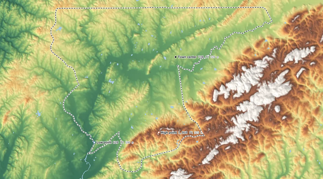 Topographic elevation map of Stewartville, Alabama, shaded from 620 ft on the southwest side to 1,060 ft on the south side