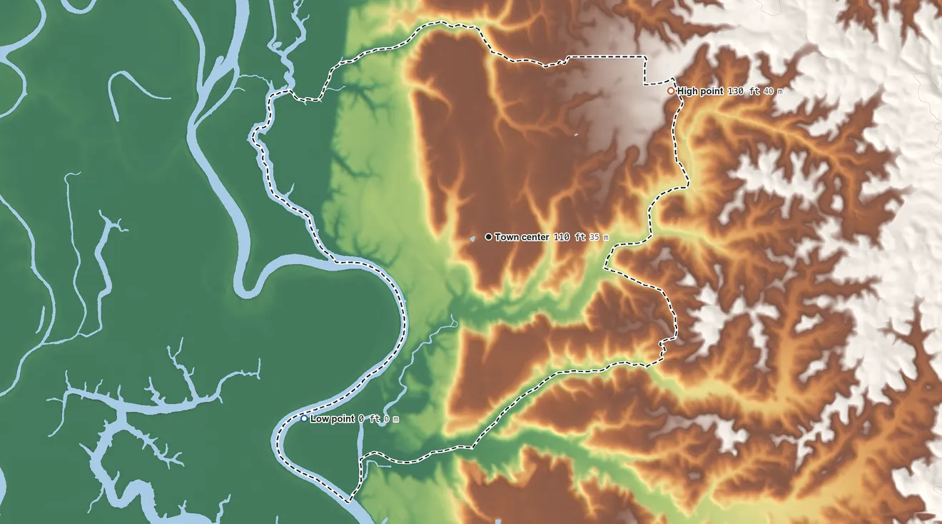 Topographic elevation map of Stockton, Alabama, shaded from 0 ft on the southwest side to 130 ft on the northeast side