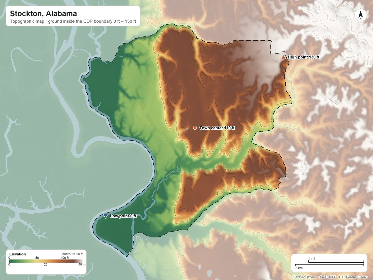 Topographic elevation map of Stockton, Alabama, shaded from 0 ft on the southwest side to 130 ft on the northeast side
