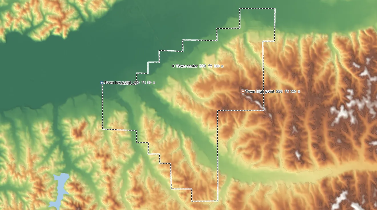 Topographic elevation map of Sulligent, Alabama, shaded from 290 ft on the west side to 550 ft on the east side