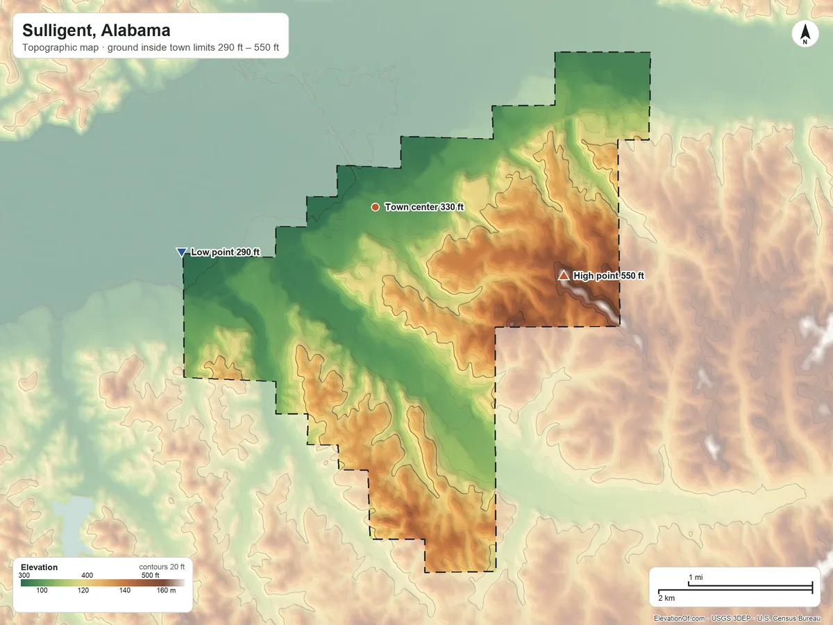 Topographic elevation map of Sulligent, Alabama, shaded from 290 ft on the west side to 550 ft on the east side