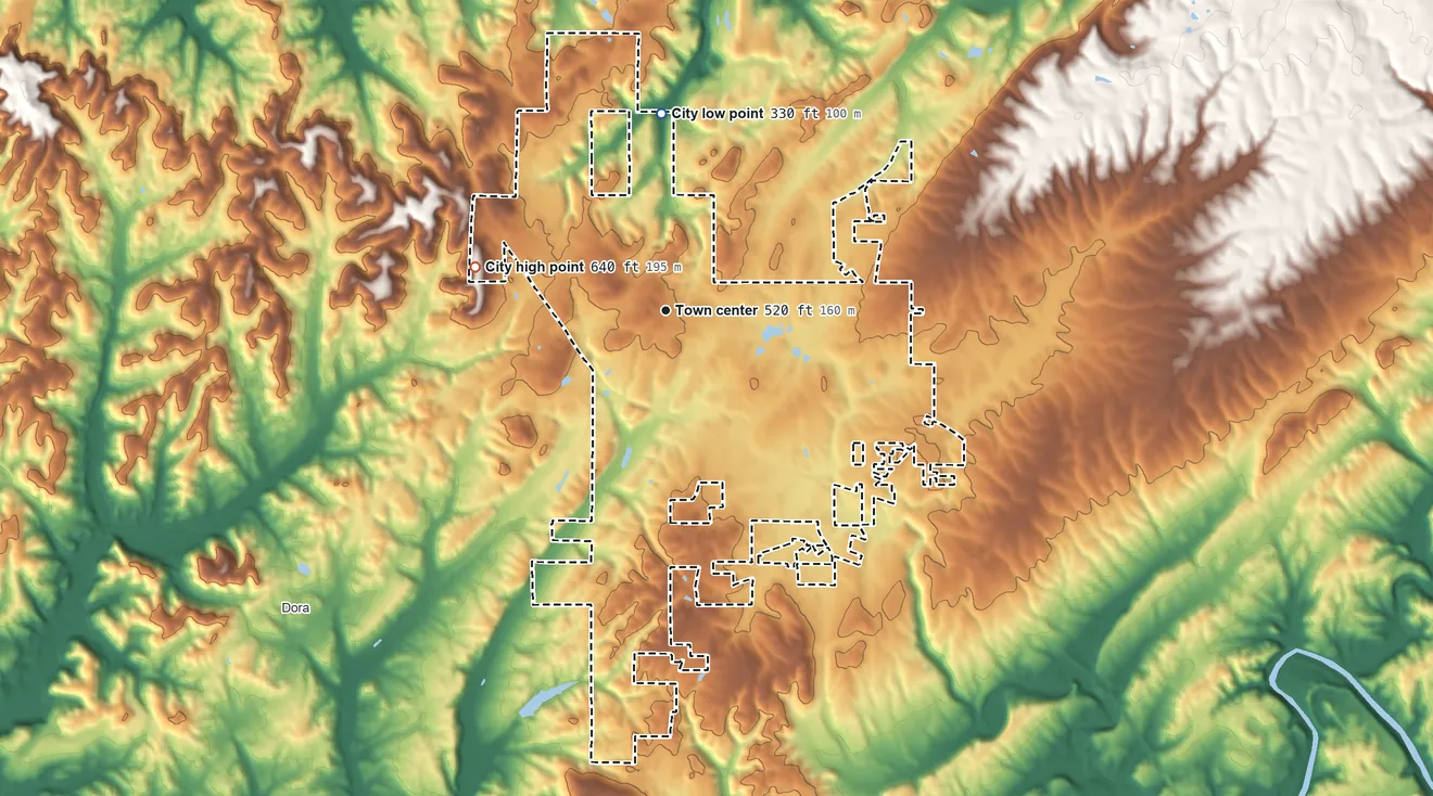 Topographic elevation map of Sumiton, Alabama, shaded from 330 ft on the north side to 640 ft on the west side