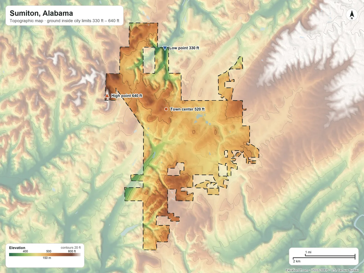 Topographic elevation map of Sumiton, Alabama, shaded from 330 ft on the north side to 640 ft on the west side