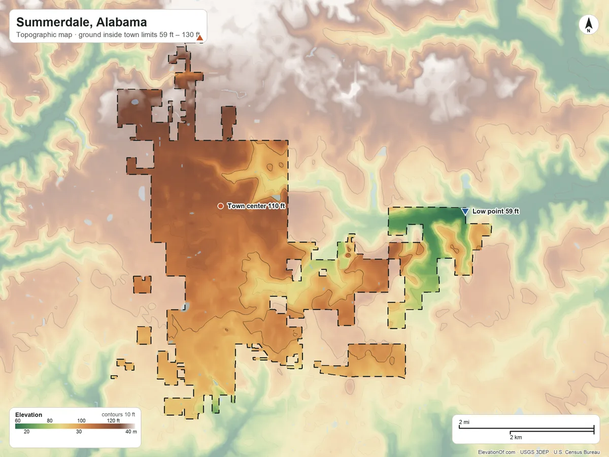 Topographic elevation map of Summerdale, Alabama, shaded from 59 ft on the east side to 130 ft on the north side