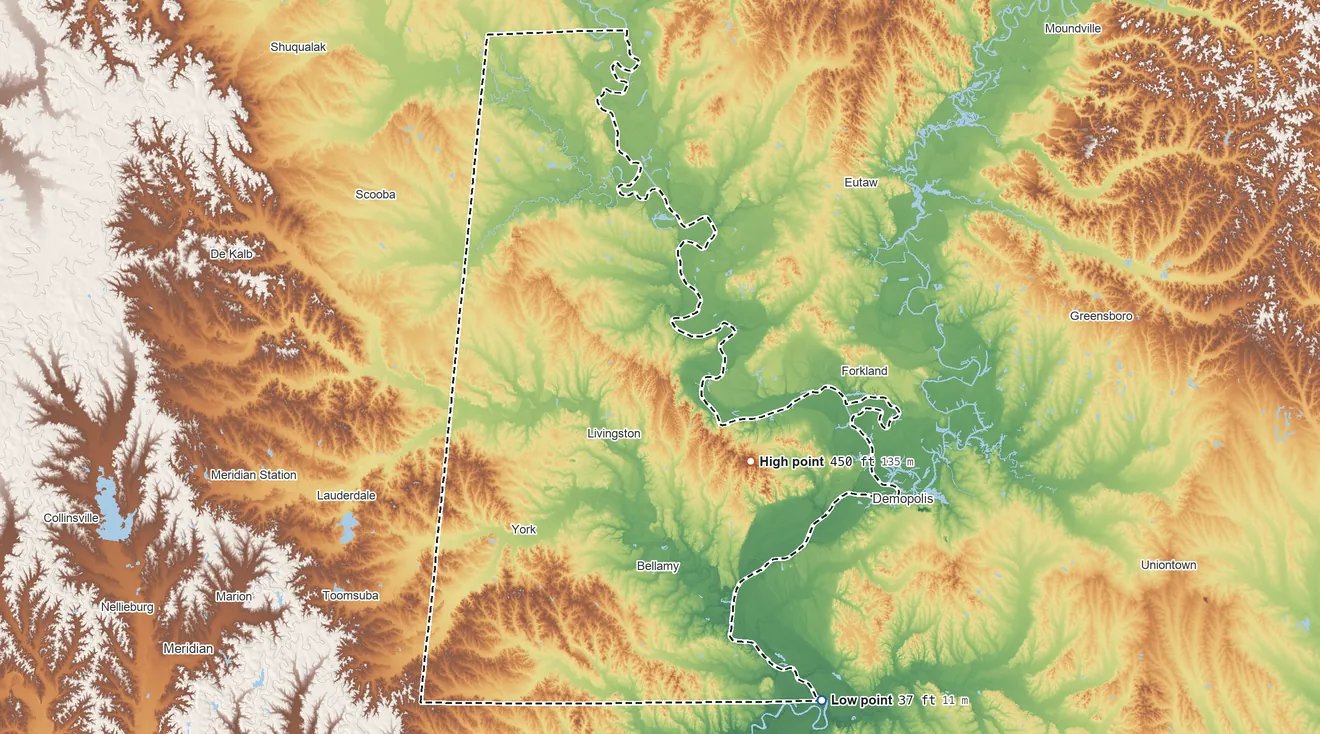 Topographic elevation map of Sumter County, Alabama, shaded from 37 ft on the southeast side to 450 ft on the southeast side