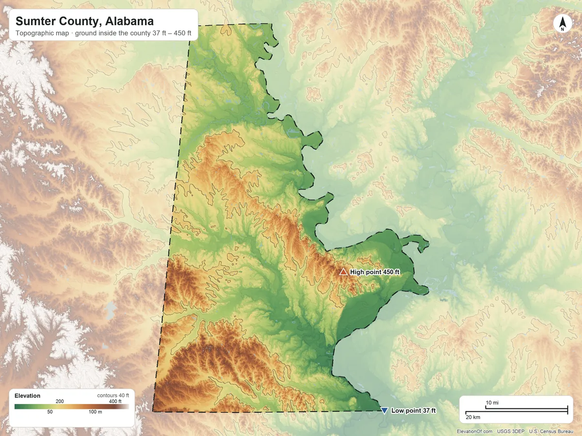 Topographic elevation map of Sumter County, Alabama, shaded from 37 ft on the southeast side to 450 ft on the southeast side