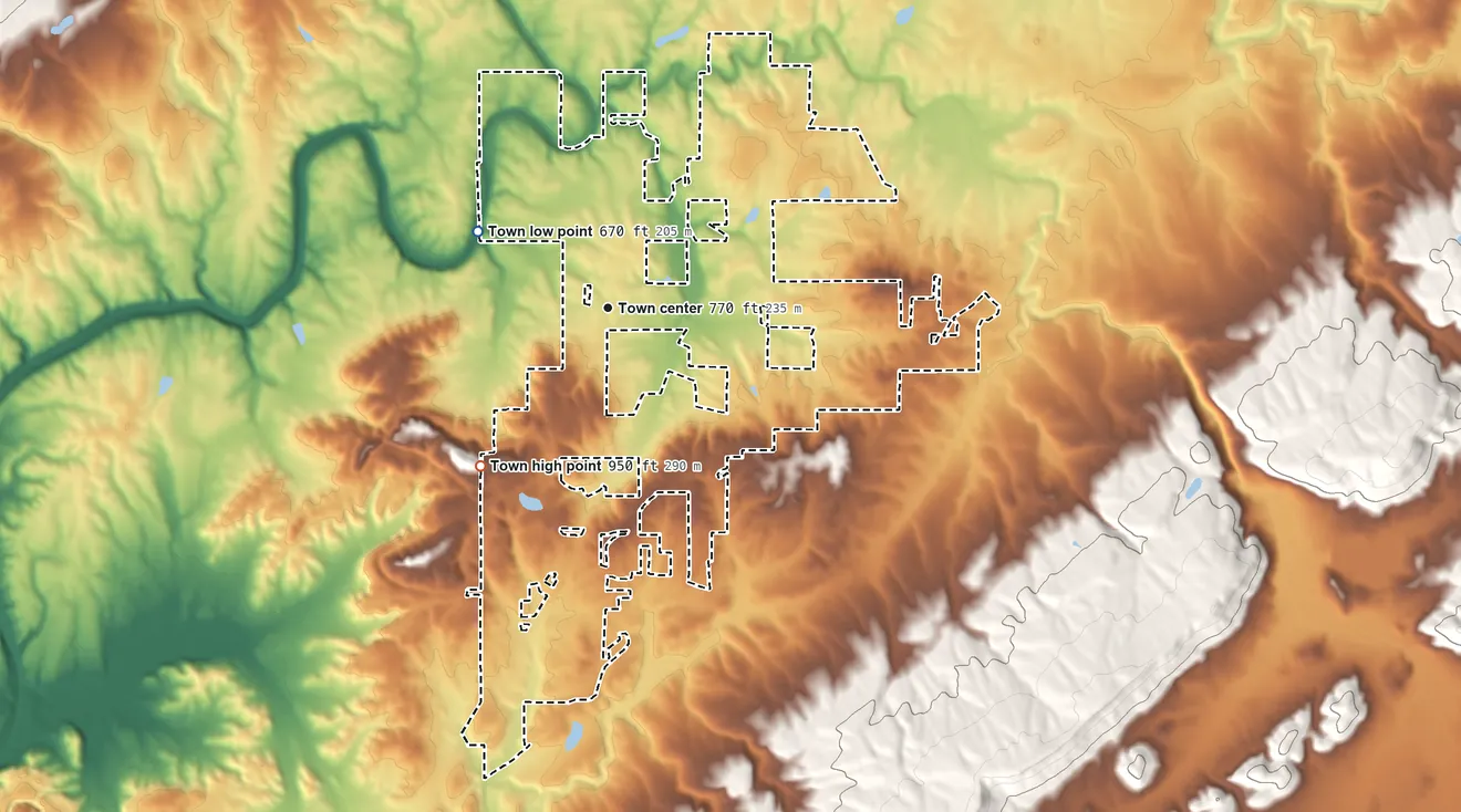 Topographic elevation map of Susan Moore, Alabama, shaded from 670 ft on the northwest side to 950 ft on the southwest side