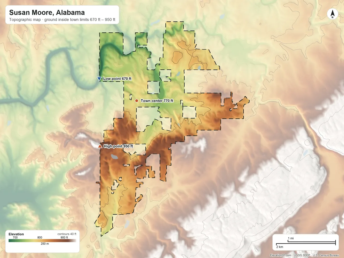 Topographic elevation map of Susan Moore, Alabama, shaded from 670 ft on the northwest side to 950 ft on the southwest side