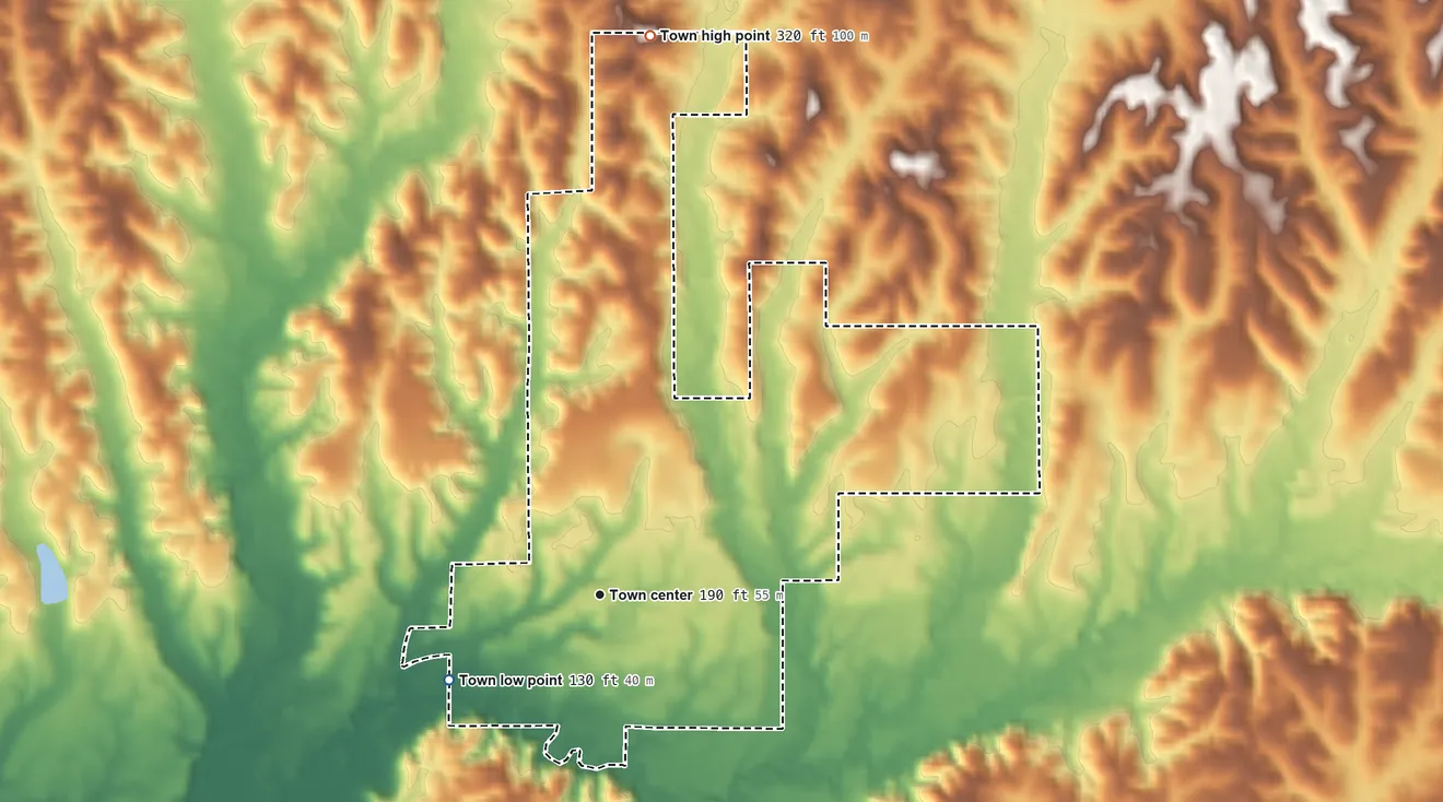 Topographic elevation map of Sweet Water, Alabama, shaded from 130 ft on the southwest side to 320 ft on the north side