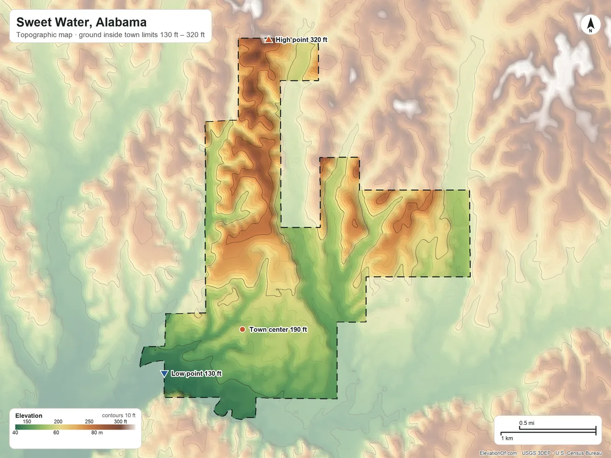 Topographic elevation map of Sweet Water, Alabama, shaded from 130 ft on the southwest side to 320 ft on the north side