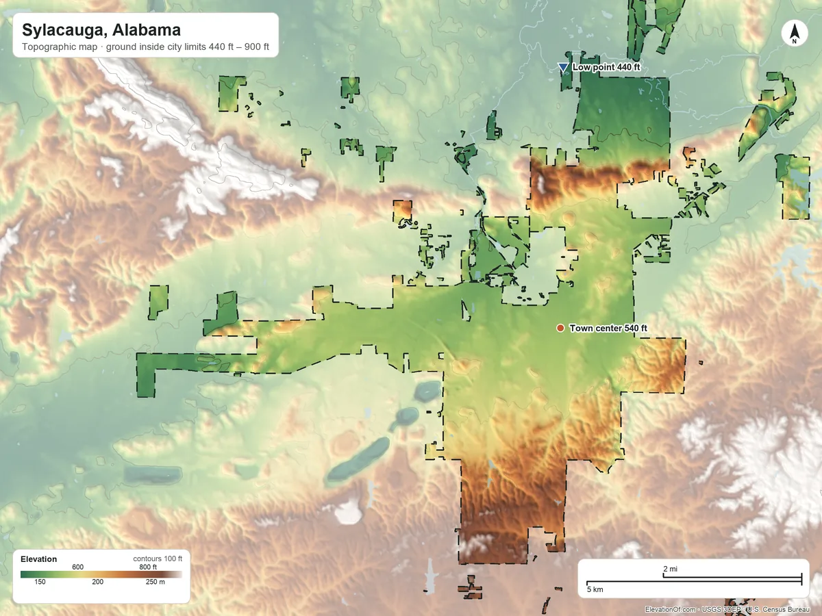Topographic elevation map of Sylacauga, Alabama, shaded from 440 ft on the north side to 900 ft on the southeast side