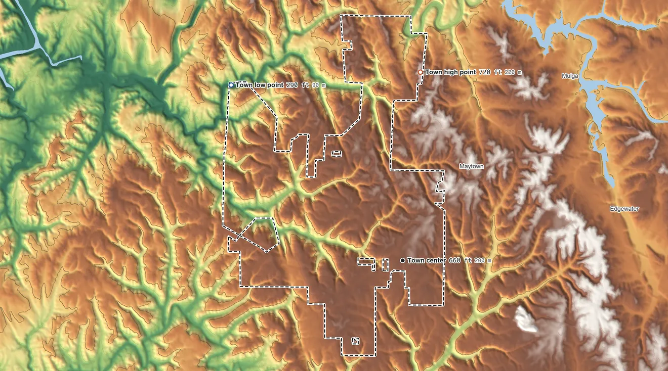 Topographic elevation map of Sylvan Springs, Alabama, shaded from 290 ft on the northwest side to 720 ft on the north side