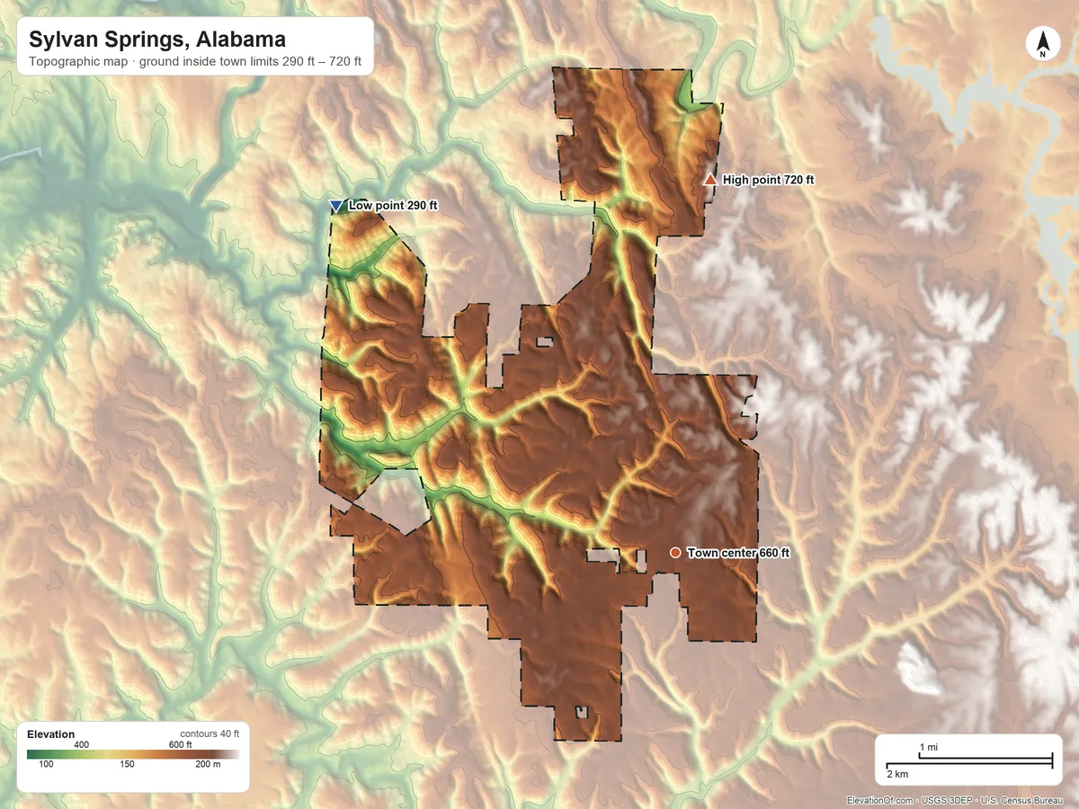 Topographic elevation map of Sylvan Springs, Alabama, shaded from 290 ft on the northwest side to 720 ft on the north side