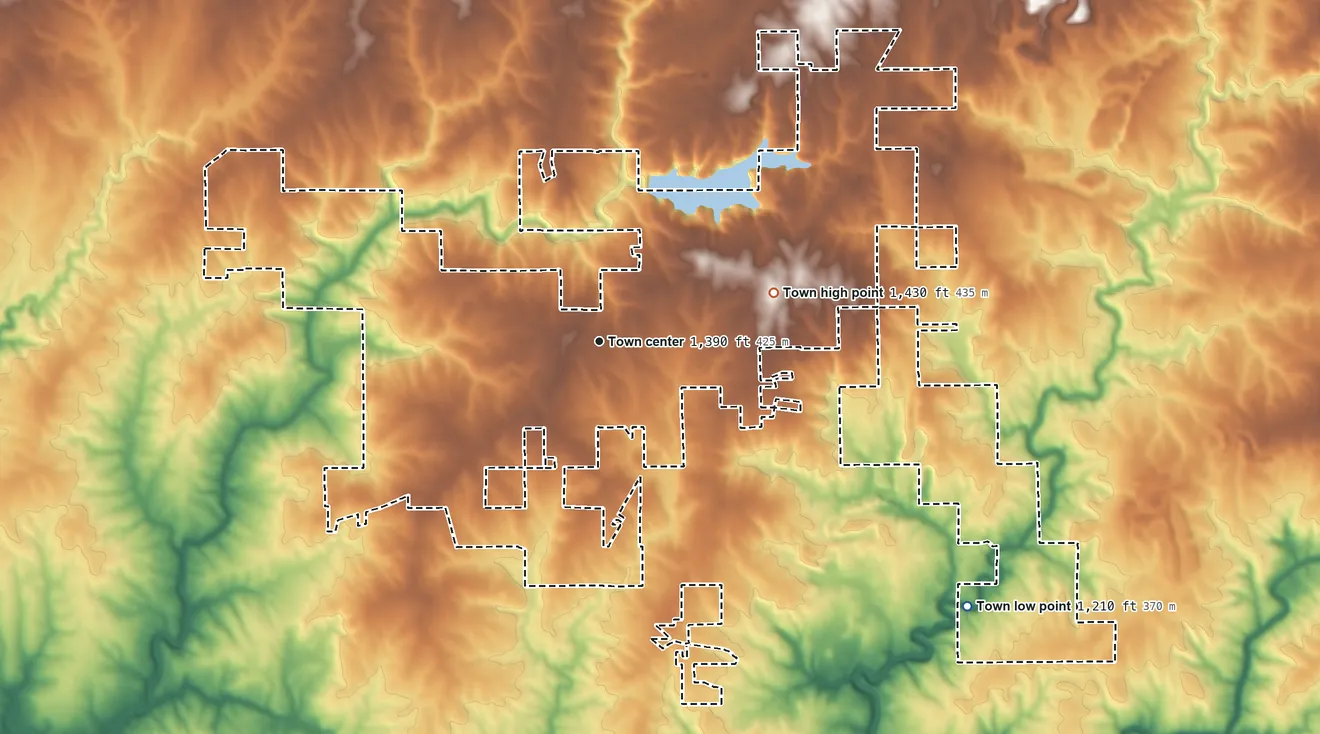 Topographic elevation map of Sylvania, Alabama, shaded from 1,210 ft on the southeast side to 1,430 ft on the east side