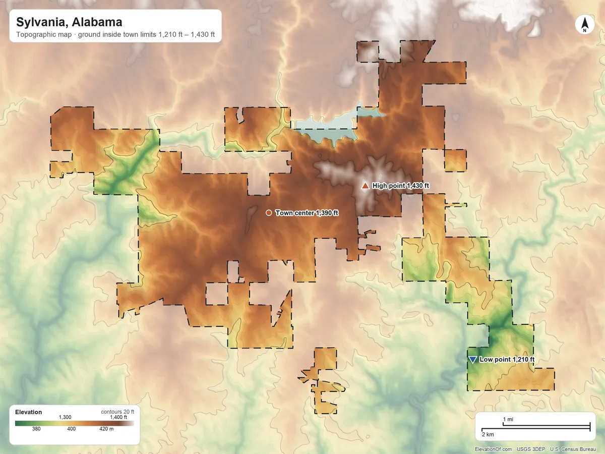 Topographic elevation map of Sylvania, Alabama, shaded from 1,210 ft on the southeast side to 1,430 ft on the east side