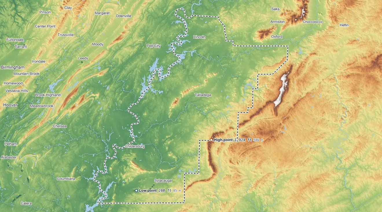 Topographic elevation map of Talladega County, Alabama, shaded from 280 ft on the southwest side to 1,924 ft on Horn Mountain