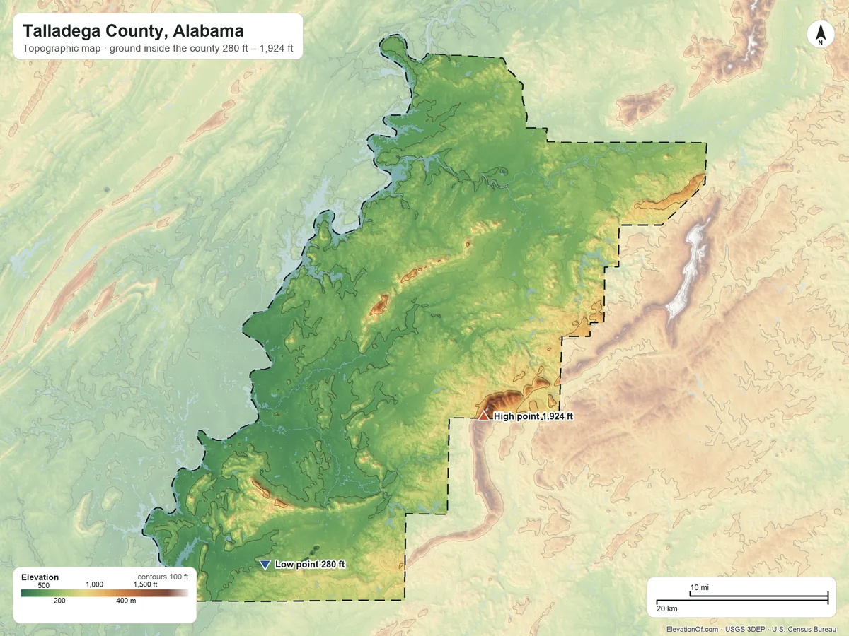 Topographic elevation map of Talladega County, Alabama, shaded from 280 ft on the southwest side to 1,924 ft on Horn Mountain