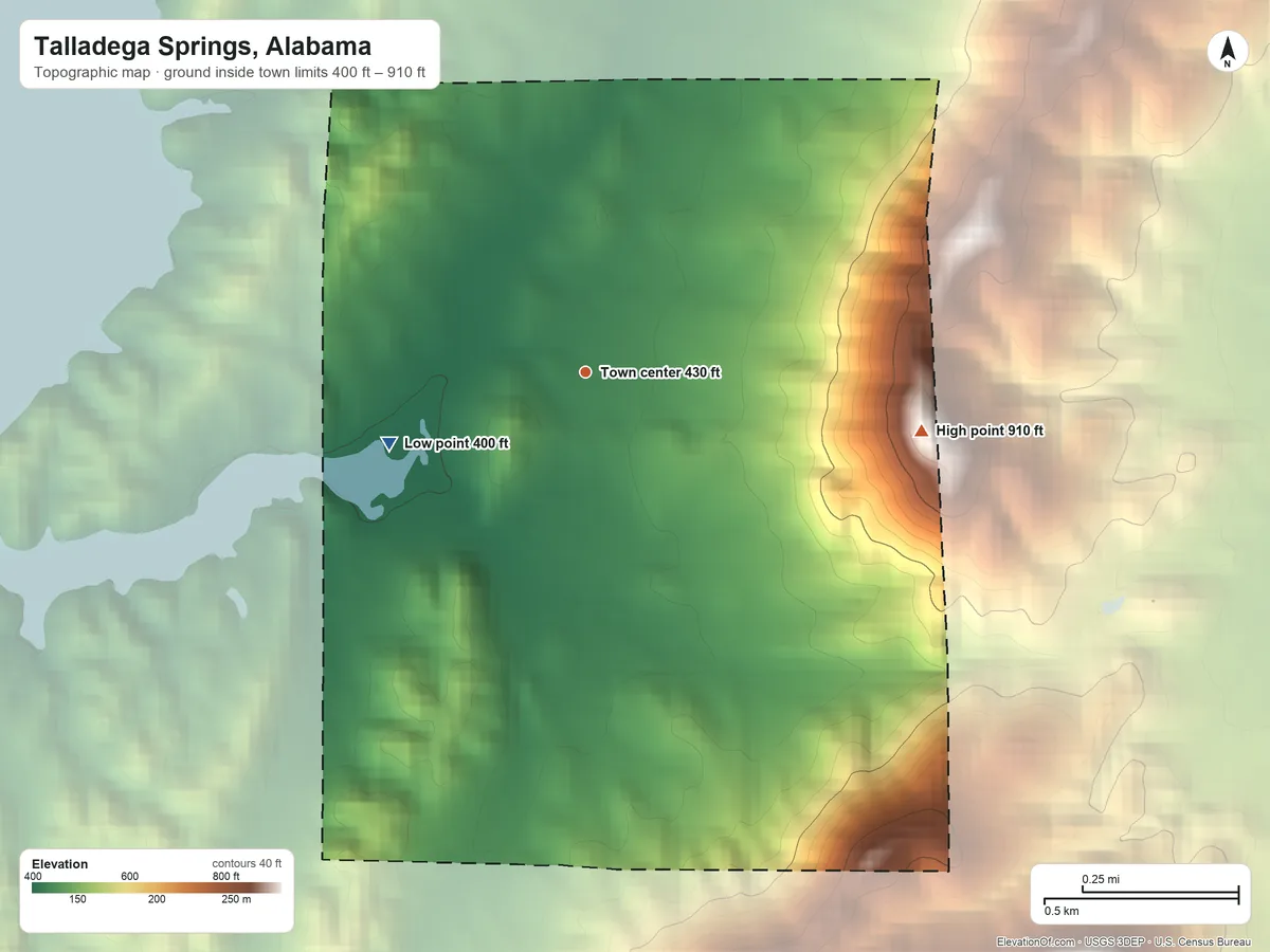 Topographic elevation map of Talladega Springs, Alabama, shaded from 400 ft on the west side to 910 ft on Chalybeate Mountain