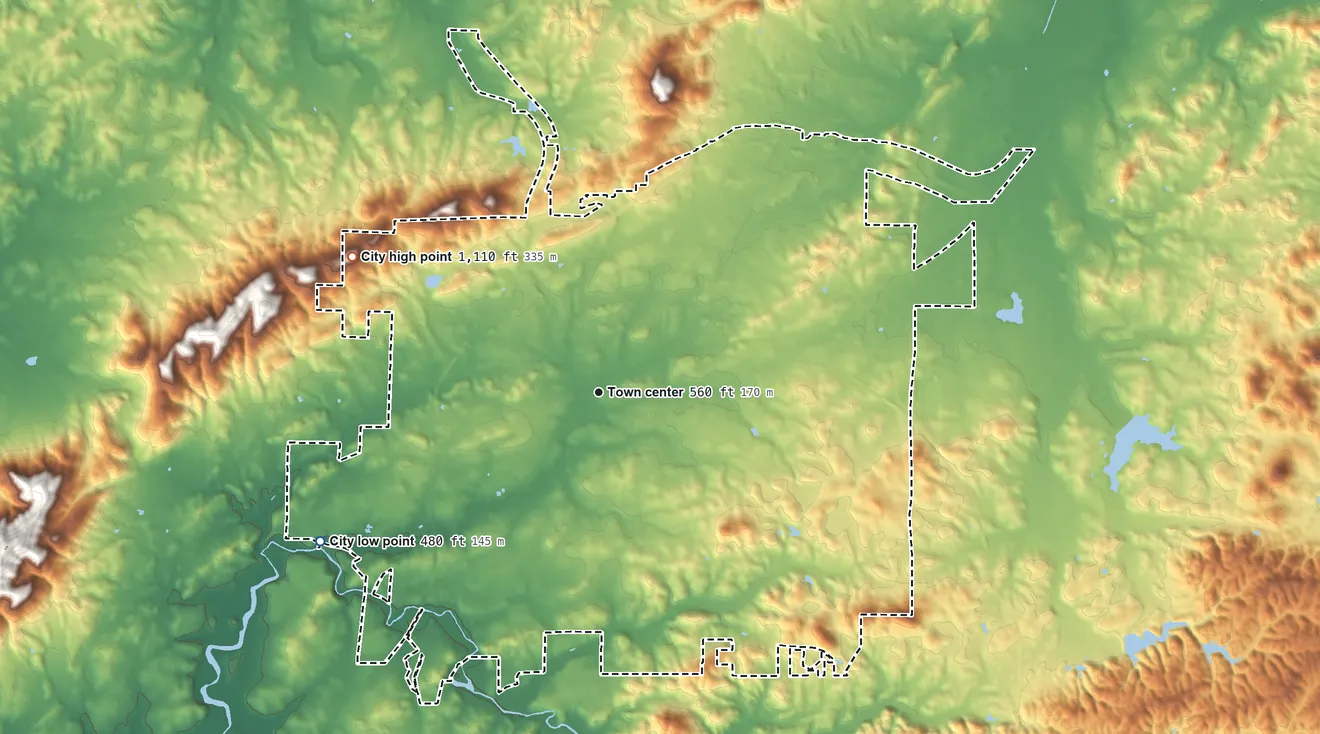 Topographic elevation map of Talladega, Alabama, shaded from 480 ft on the southwest side to 1,110 ft on the northwest side
