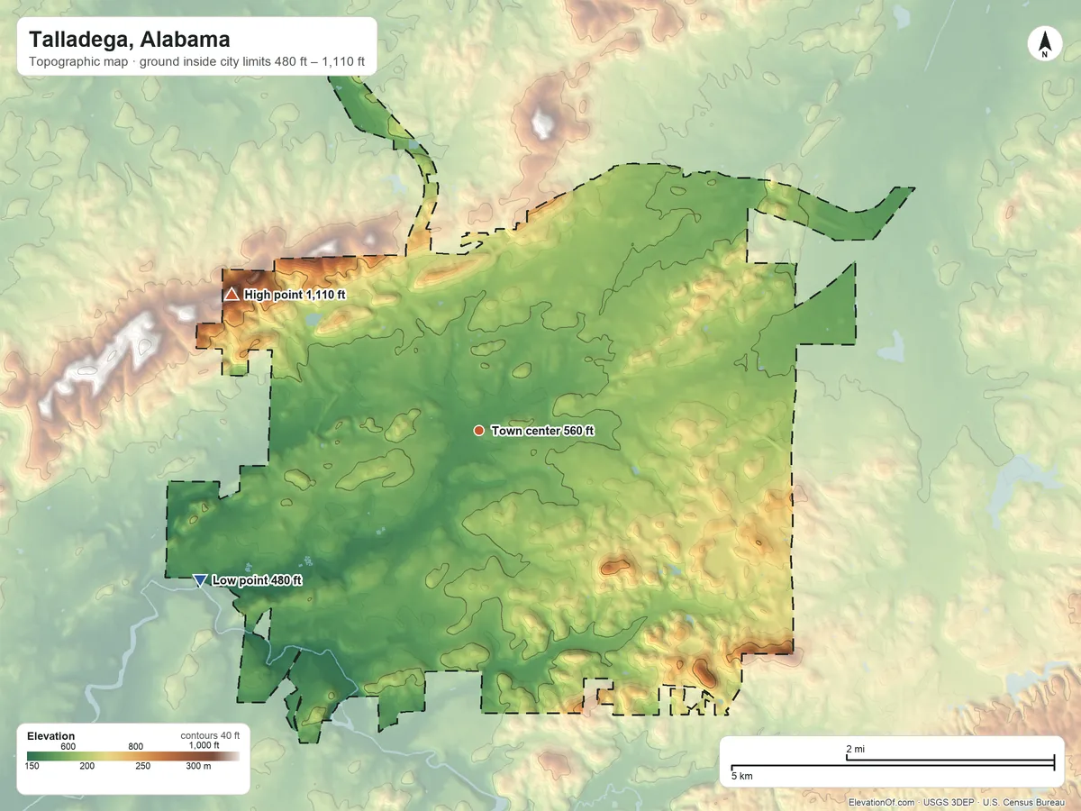 Topographic elevation map of Talladega, Alabama, shaded from 480 ft on the southwest side to 1,110 ft on the northwest side