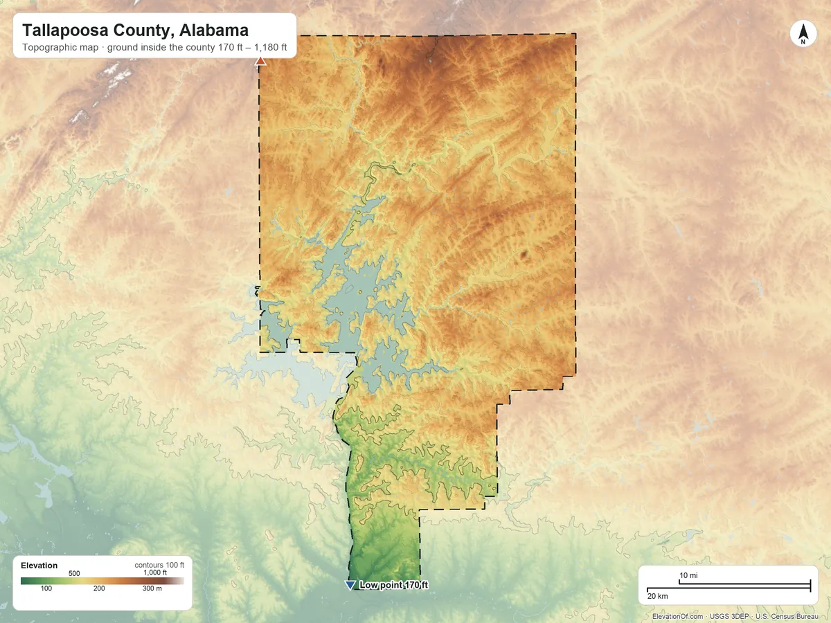 Topographic elevation map of Tallapoosa County, Alabama, shaded from 170 ft on the south side to 1,180 ft on the northwest side