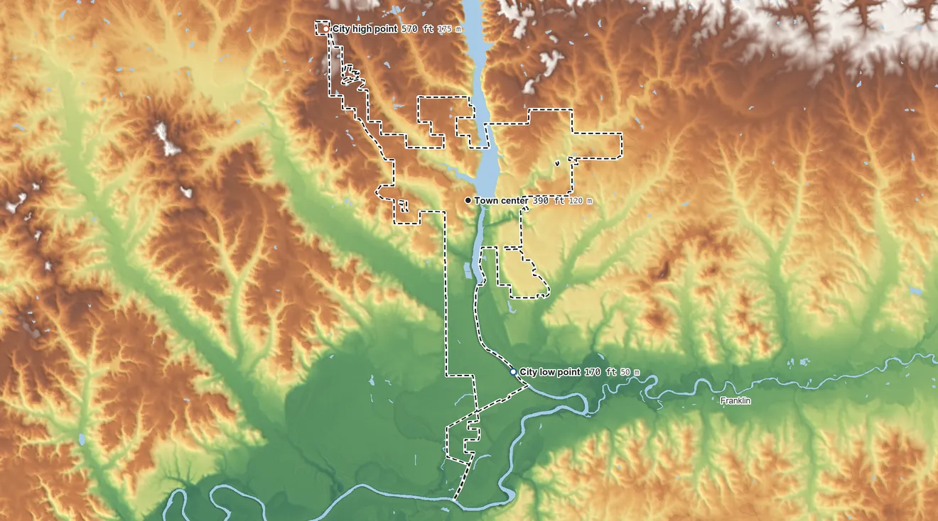 Topographic elevation map of Tallassee, Alabama, shaded from 170 ft on the south side to 570 ft on the northwest side