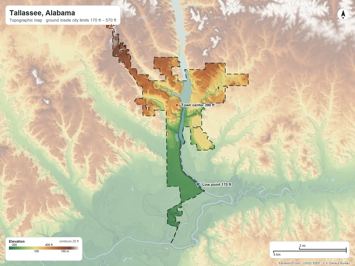 Topographic elevation map of Tallassee, Alabama, shaded from 170 ft on the south side to 570 ft on the northwest side