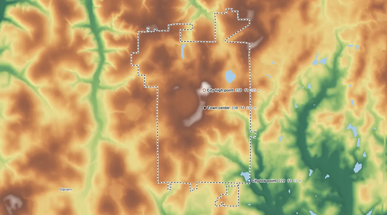 Topographic elevation map of Taylor, Alabama, shaded from 220 ft on the southeast side to 350 ft near the middle