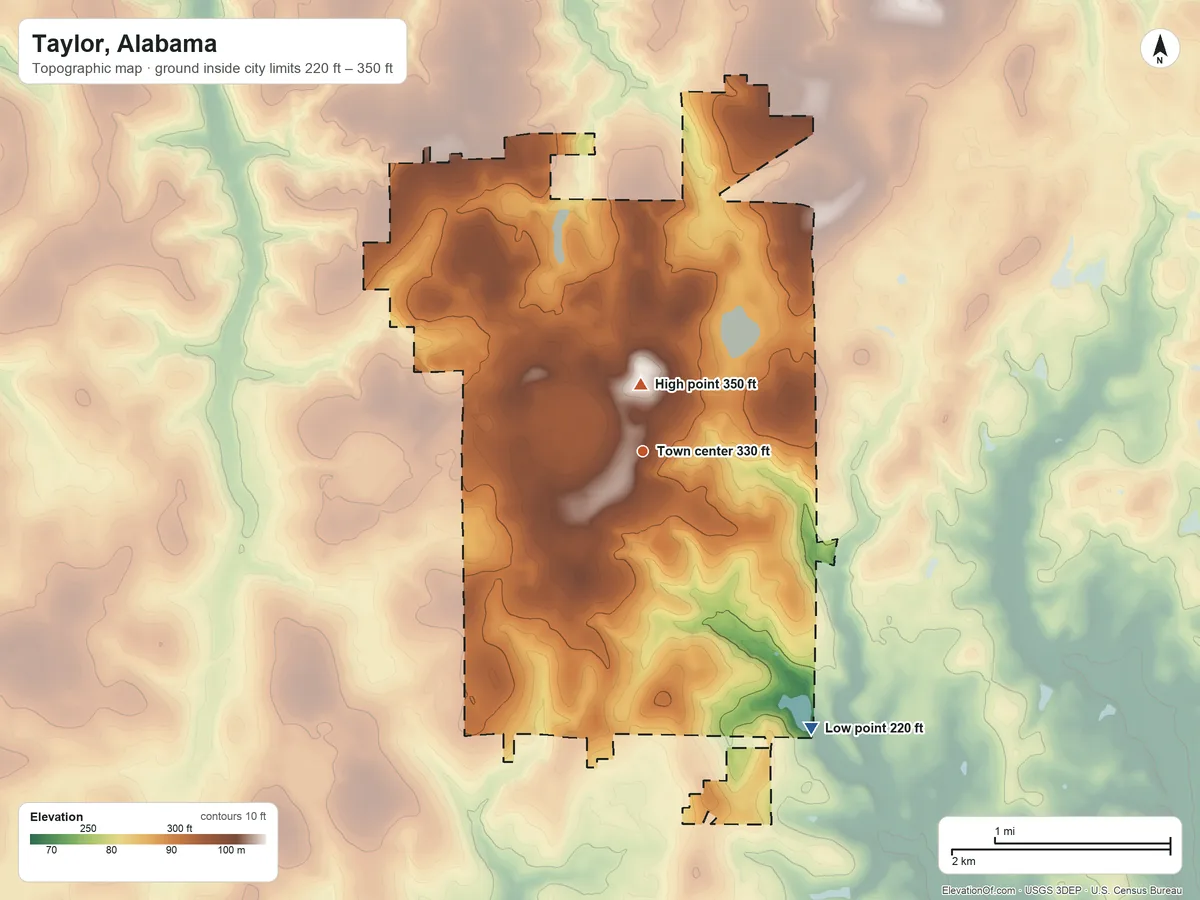 Topographic elevation map of Taylor, Alabama, shaded from 220 ft on the southeast side to 350 ft near the middle