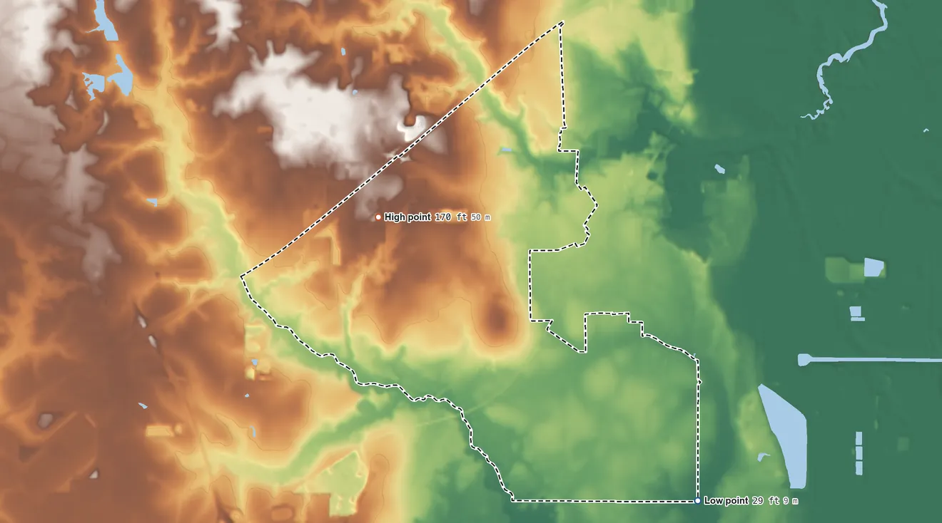 Topographic elevation map of Theodore, Alabama, shaded from 29 ft on the southeast side to 170 ft on the northwest side