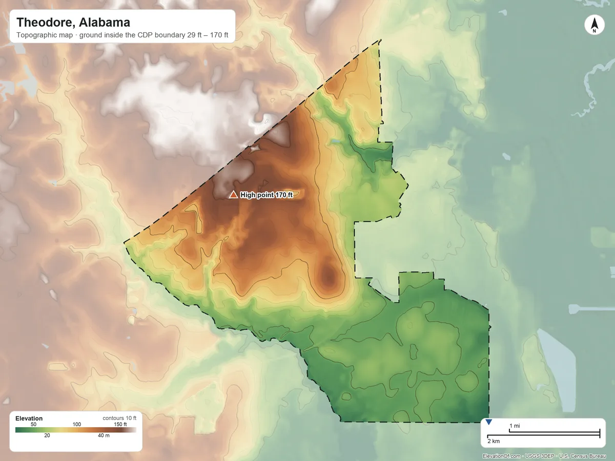 Topographic elevation map of Theodore, Alabama, shaded from 29 ft on the southeast side to 170 ft on the northwest side