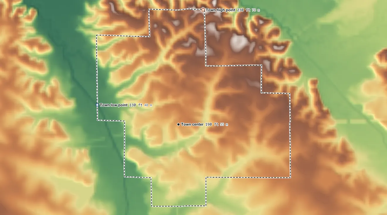 Topographic elevation map of Thomaston, Alabama, shaded from 130 ft on the west side to 230 ft on the north side