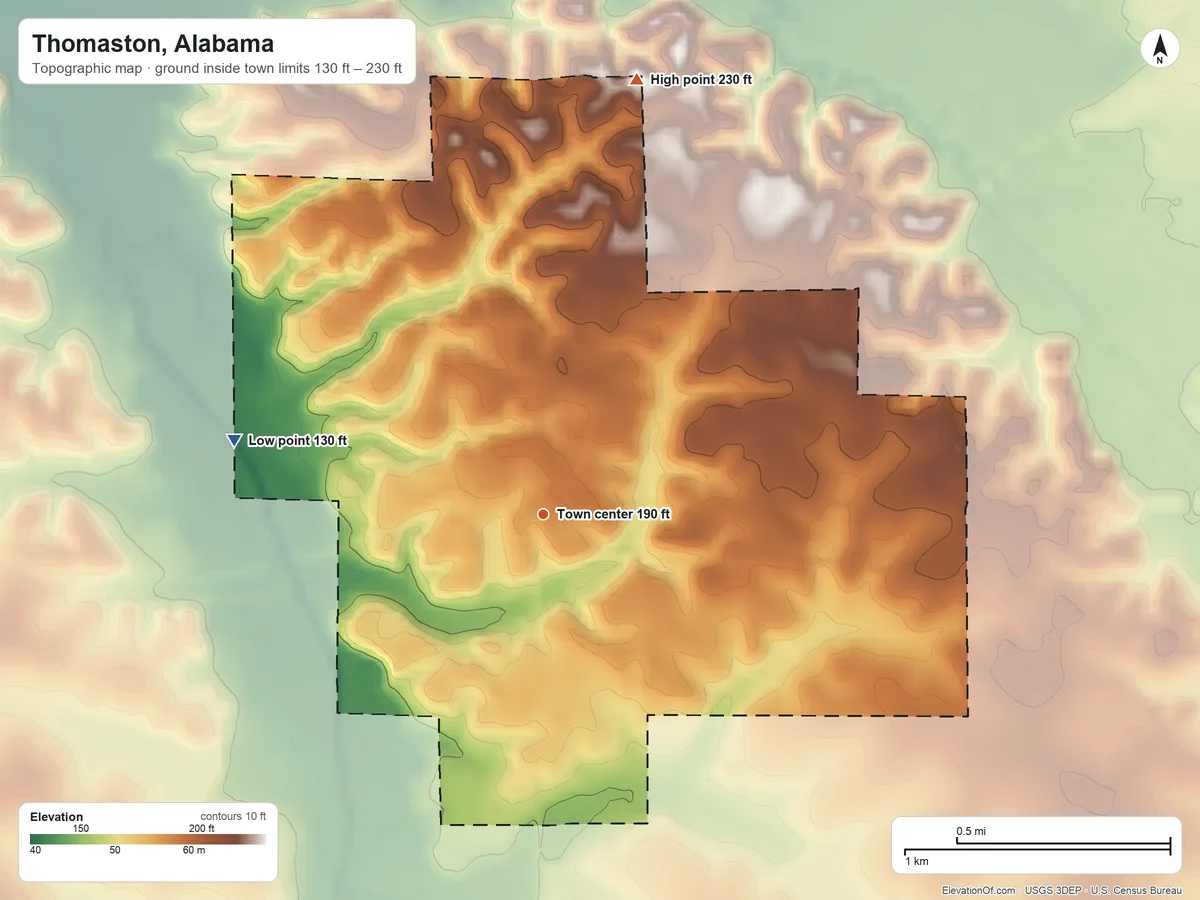 Topographic elevation map of Thomaston, Alabama, shaded from 130 ft on the west side to 230 ft on the north side