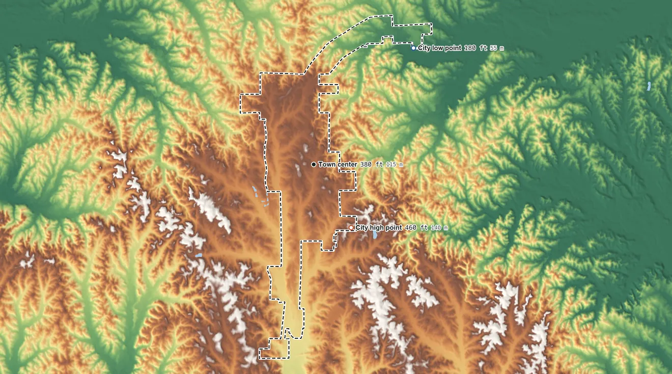 Topographic elevation map of Thomasville, Alabama, shaded from 180 ft on the northeast side to 460 ft on the southeast side