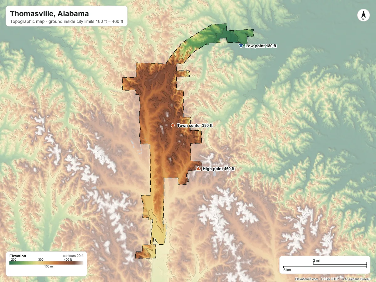Topographic elevation map of Thomasville, Alabama, shaded from 180 ft on the northeast side to 460 ft on the southeast side