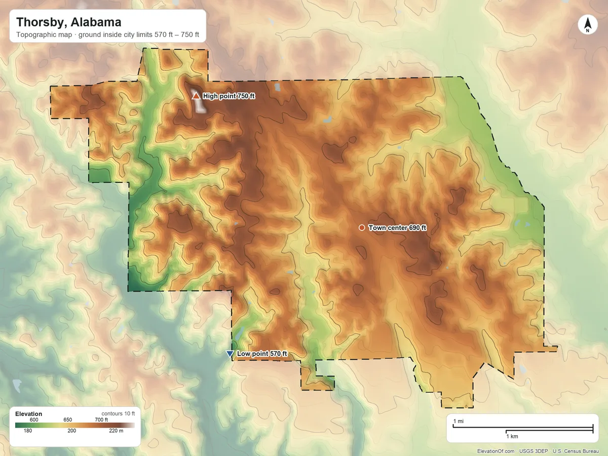 Topographic elevation map of Thorsby, Alabama, shaded from 570 ft on the southwest side to 750 ft on the northwest side