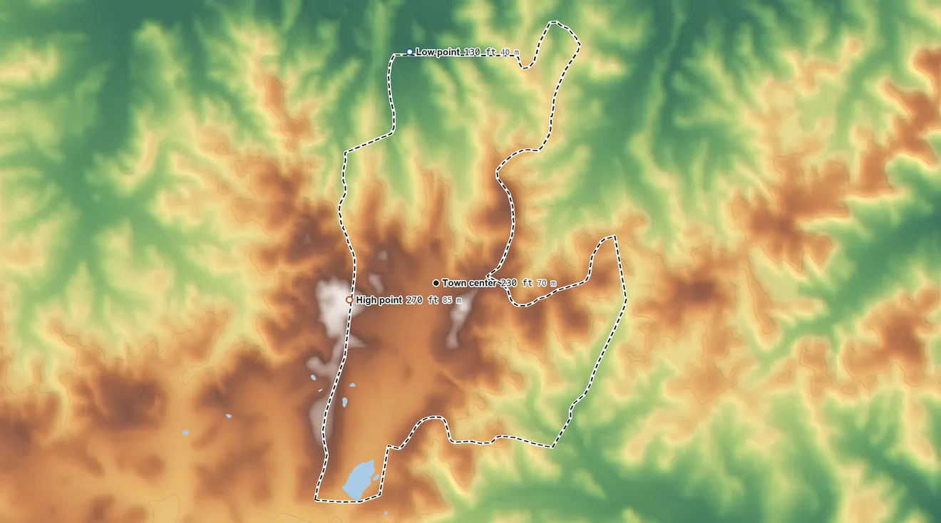 Topographic elevation map of Tibbie, Alabama, shaded from 130 ft on the north side to 270 ft on the west side