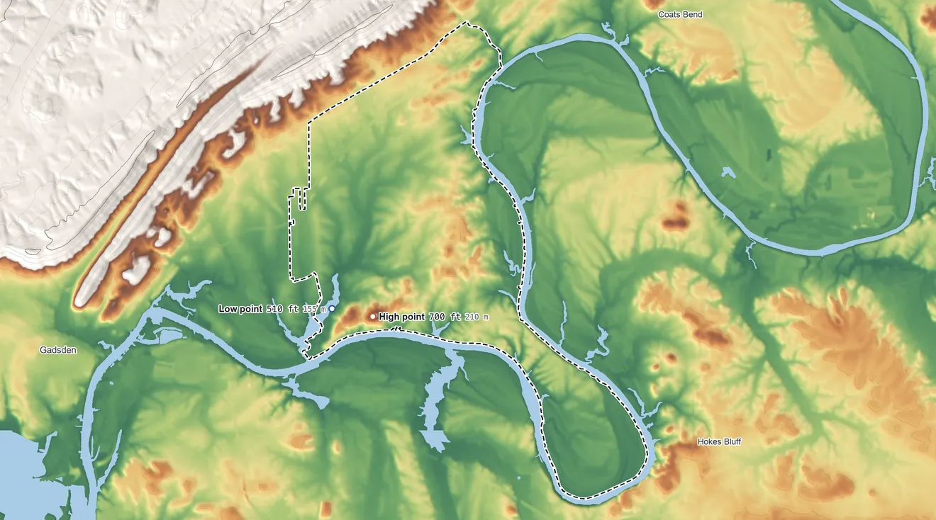 Topographic elevation map of Tidmore Bend, Alabama, shaded from 510 ft on the southwest side to 700 ft on the south side