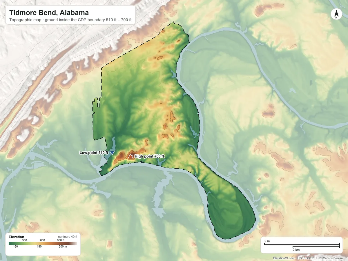 Topographic elevation map of Tidmore Bend, Alabama, shaded from 510 ft on the southwest side to 700 ft on the south side
